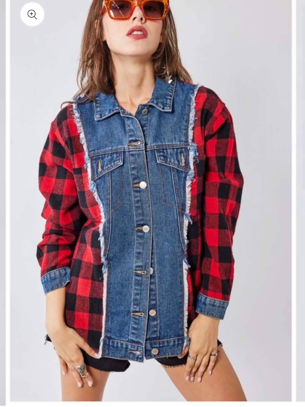 Red + Black Buffalo Plaid top with Distressed Denim Front
